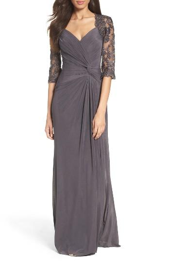 Women's La Femme Lace & Net Ruched Twist Front Gown