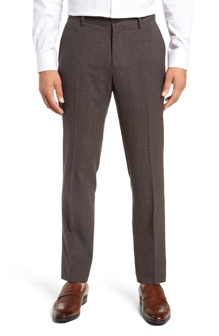 Men's Nordstrom Signature Trim Fit Flat Front Solid Wool Trousers - Brown