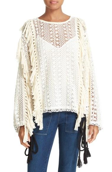 Women's See By Chloe Fishnet Lace & Fringe Top
