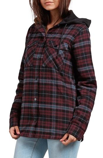 Women's Volcom Hooded Layered Jacket - Burgundy