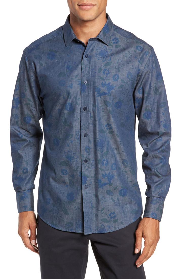 Men's Vince Camuto Slim Fit Floral Chambray Sport Shirt - Blue