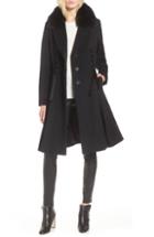 Women's 1 Madison Velvet Detail Wool Coat With Genuine Fox Fur Collar - Black
