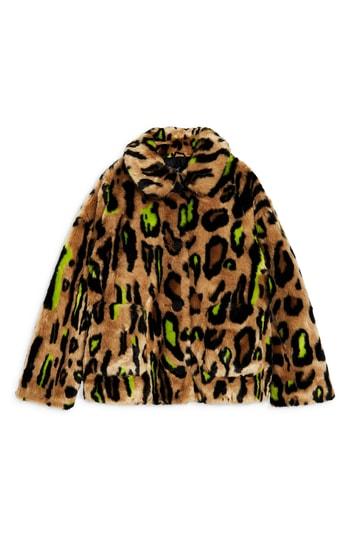 Women's Topshop Juno Faux Fur Leopard Jacket Us (fits Like 0-2) - Brown