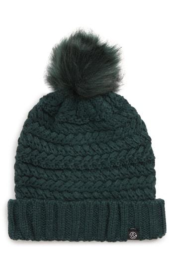 Women's Treasure & Bond Cable Knit Beanie With Faux Fur Pom - Blue/green