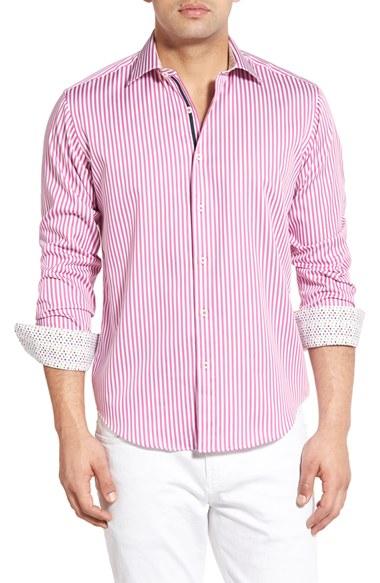 Men's Bugatchi Shaped Fit Stripe Sport Shirt, Size - Purple