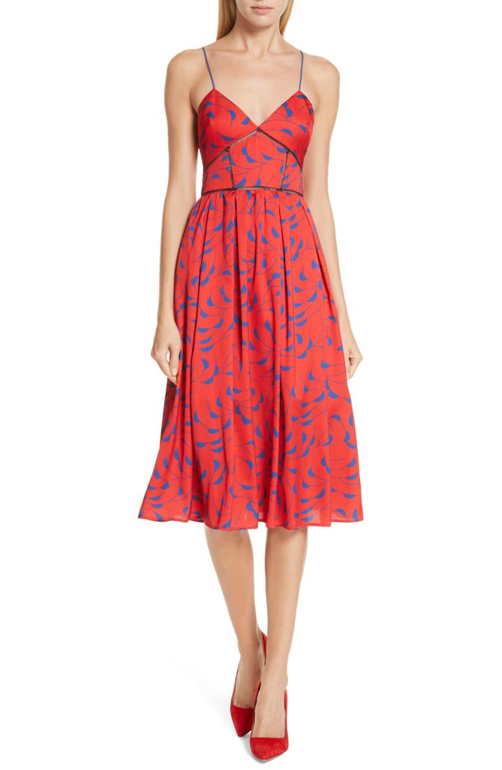 Women's Self-portrait Azalea Print A-line Dress - Red