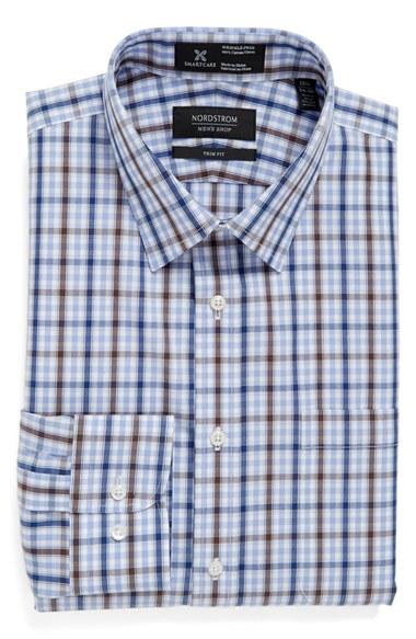 Men's Nordstrom Men's Shop Smartcare(tm) Trim Fit Plaid Dress Shirt 32/33 - Brown