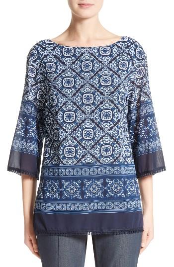 Women's St. John Collection Jaipur Tile Print Stretch Silk Blouse, Size - Blue