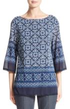 Women's St. John Collection Jaipur Tile Print Stretch Silk Blouse, Size - Blue