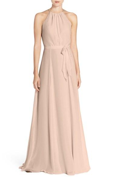Women's Amsale 'delaney' Belted A-line Chiffon Halter Dress - Metallic