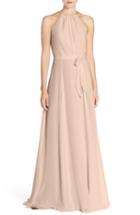 Women's Amsale 'delaney' Belted A-line Chiffon Halter Dress - Metallic