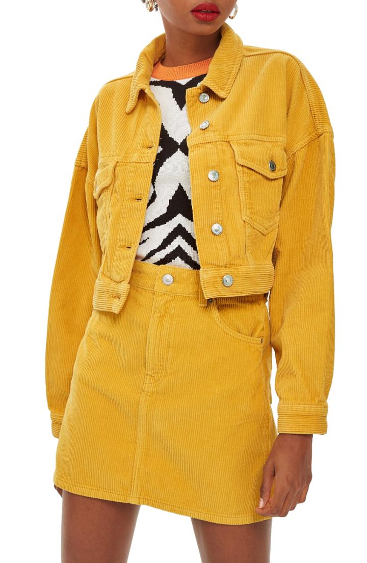 Women's Topshop Cotton Corduroy Crop Jacket Us (fits Like 6-8) - Yellow