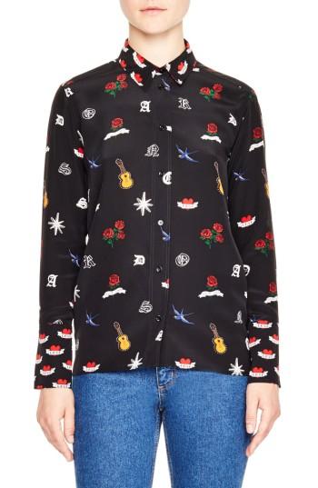 Women's Sandro Tattoo Print Silk Shirt - Black