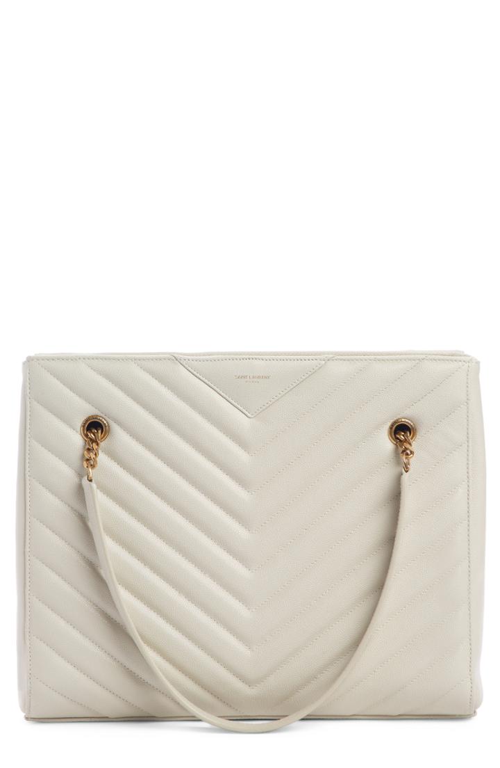 Saint Laurent Jumbo Tribeca Quilted Calfskin Leather Tote - White