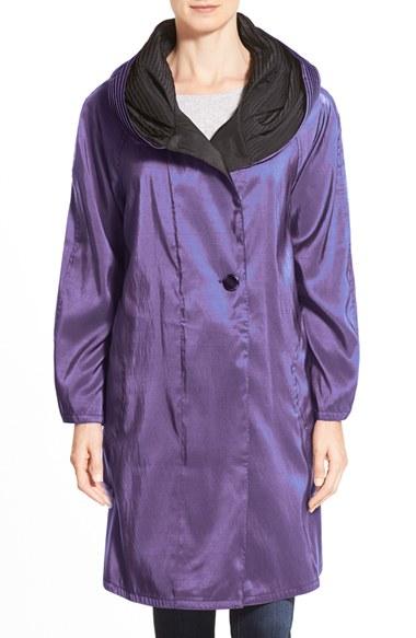 Women's Mycra Pac Designer Wear Reversible Pleat Hood Packable Travel Coat - Purple
