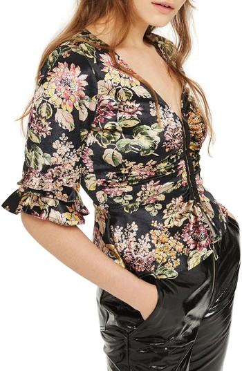 Women's Topshop Floral Print Velvet Hook & Eye Top Us (fits Like 0-2) - Black