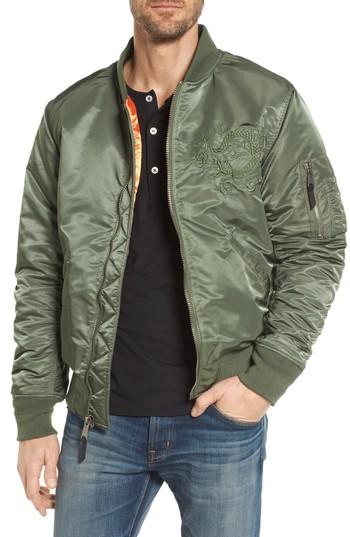 Men's Schott Nyc Dragon Embroidered Nylon Flight Jacket - Green