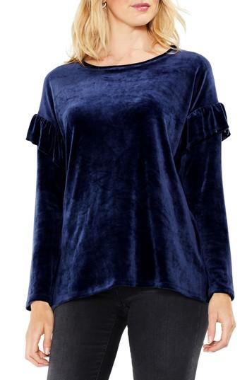 Women's Two By Vince Camuto Long Sleeve Ruffle Shoulder Velour Top, Size - Blue