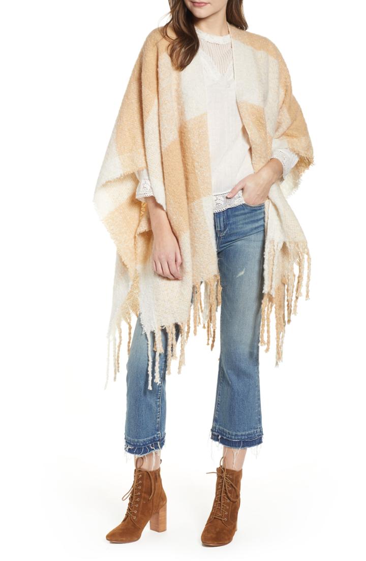 Women's Free People Hampton Plaid Fringe Ruana, Size - Ivory