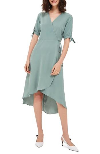 Women's Topshop Dusty Emma Tie Sleeve Wrap Dress Us (fits Like 0) - Green