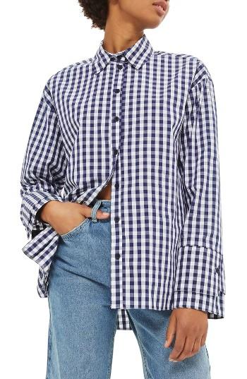 Women's Topshop Double Cuff Gingham Shirt Us (fits Like 0) - Blue