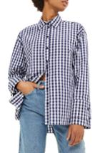 Women's Topshop Double Cuff Gingham Shirt Us (fits Like 0) - Blue