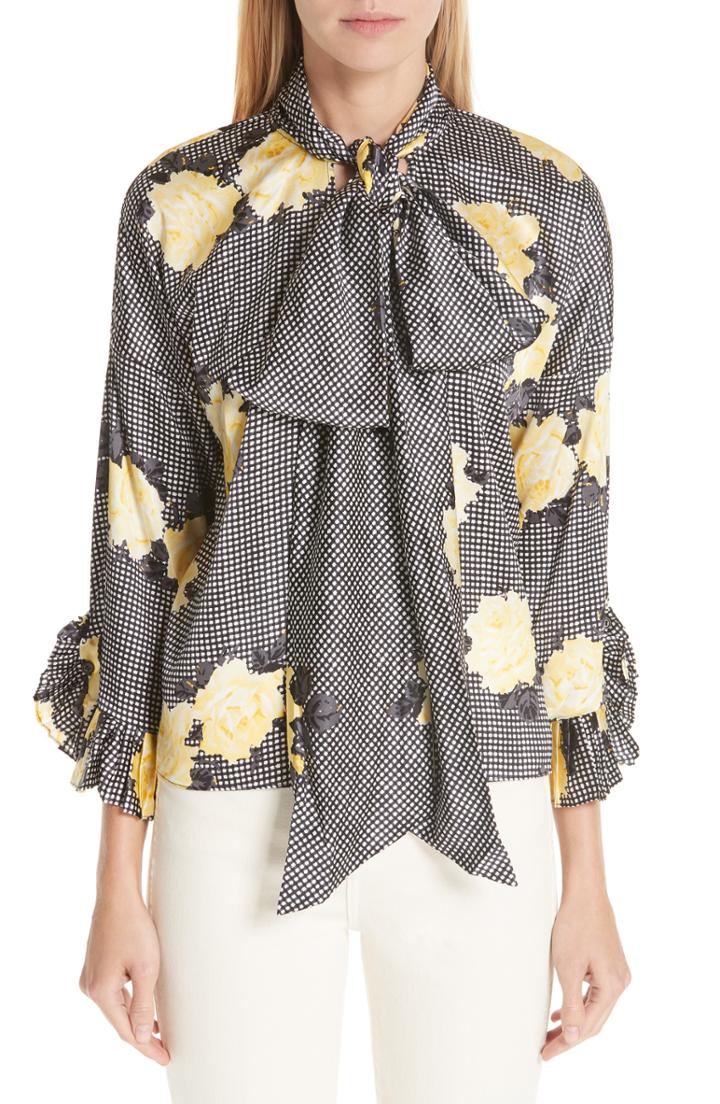 Women's Ganni Calla Stretch Silk Tie Neck Blouse