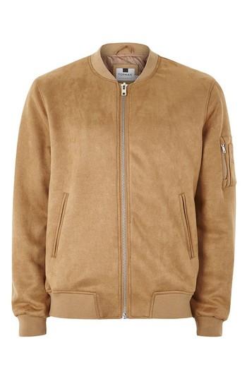 Men's Topman Faux Suede Bomber Jacket, Size - Brown