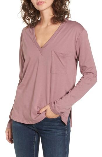 Women's Long Sleeve V Neck Pocket Tee - Purple