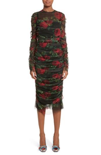 Women's Dolce & Gabbana Rose Print Ruched Tulle Dress Us / 40 It - Black