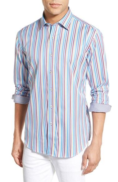Men's Bugatchi Classic Fit Vertical Stripe Sport Shirt - Blue