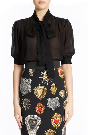 Women's Dolce & Gabbana Tie Neck Silk Blend Crepe Blouse Us / 38 It - Black