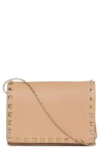 Women's Valentino Garavani Rockstud Leather Wallet On A Chain - Brown