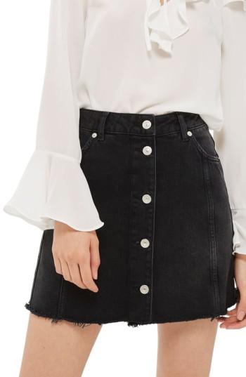 Women's Topshop Button Front Denim Miniskirt Us (fits Like 0) - Black
