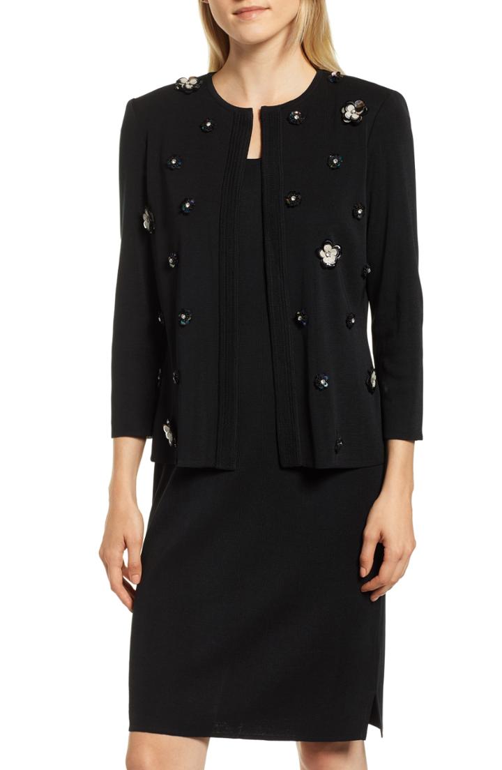 Women's Ming Wang Floral Embellished Knit Jacket - Black
