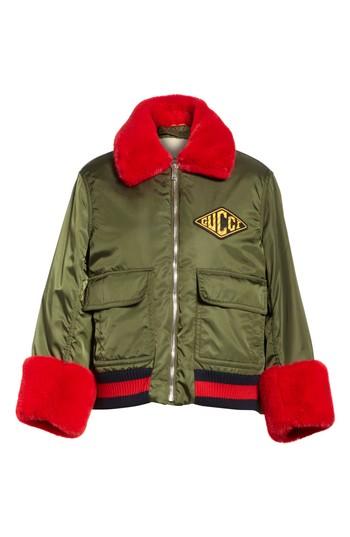 Women's Gucci Faux Fur Trim Nylon Flight Jacket Us / 42 It - Green