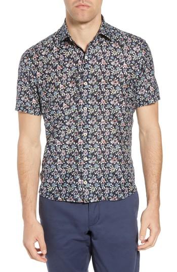 Men's Culturata Trim Fit Print Cotton & Silk Sport Shirt, Size - Blue