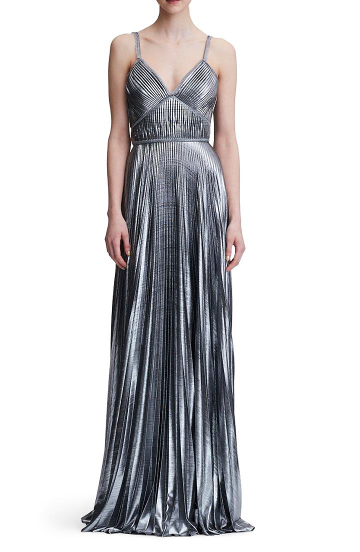 Women's Marchesa Notte Pleated Lame A-line Gown