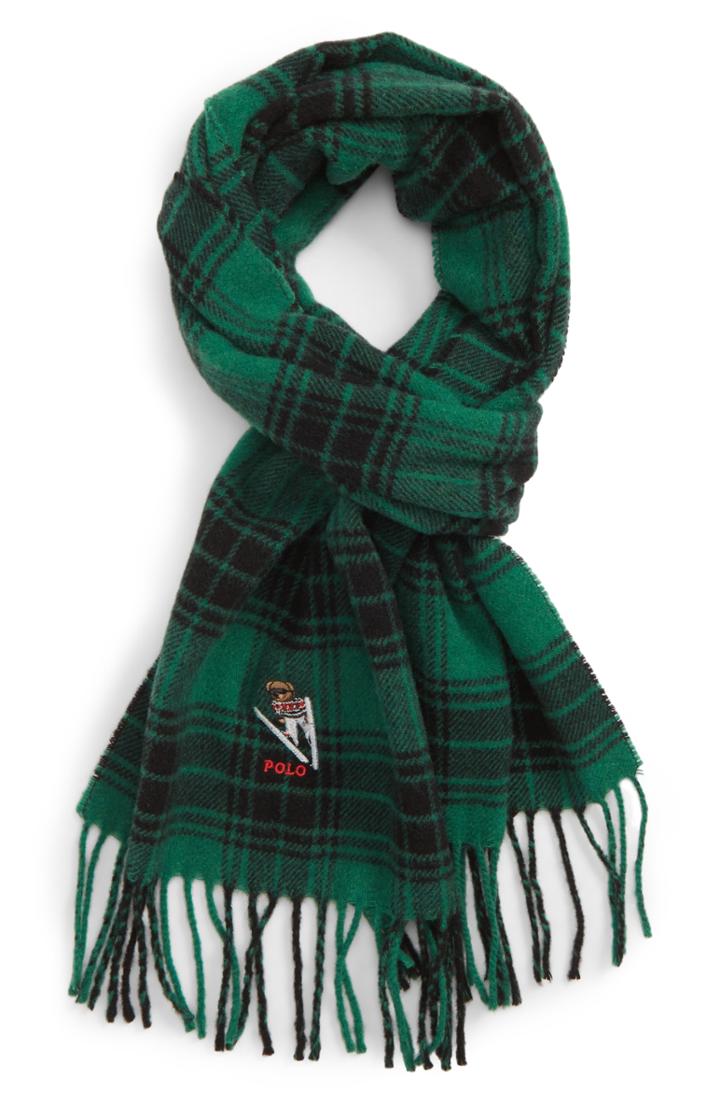 Men's Polo Ralph Lauren Embroidered Bear Plaid Wool Blend Scarf, Size - Green
