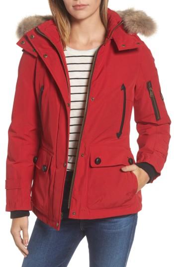 Women's Pendleton Bachelor Water Repellent Hooded Down Parka With Genuine Coyote Fur Trim - Red