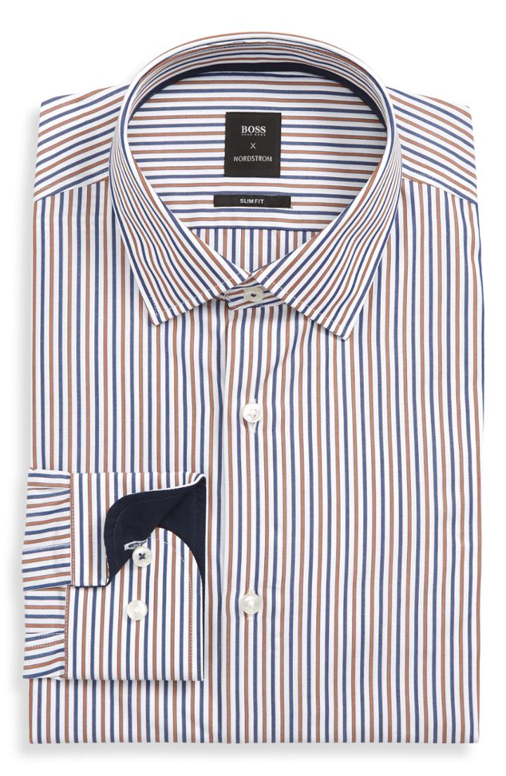 Men's Boss X Nordstrom Jesse Slim Fit Stripe Dress Shirt - Brown