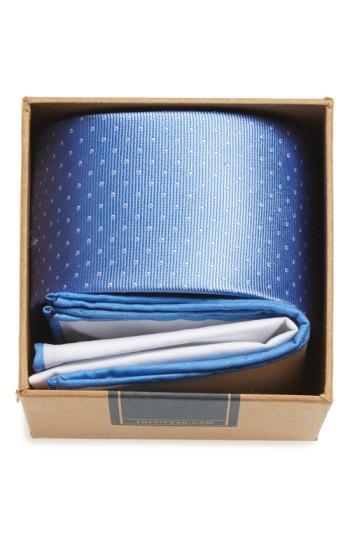 Men's The Tie Bar Dot Silk Tie & Cotton Pocket Square Style Box, Size - Blue
