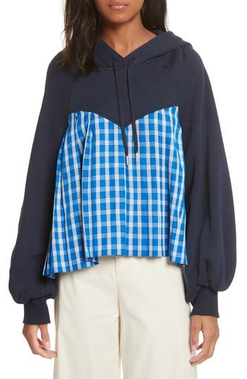 Women's Sea Plaid Balloon Sleeve Combo Hoodie - Blue