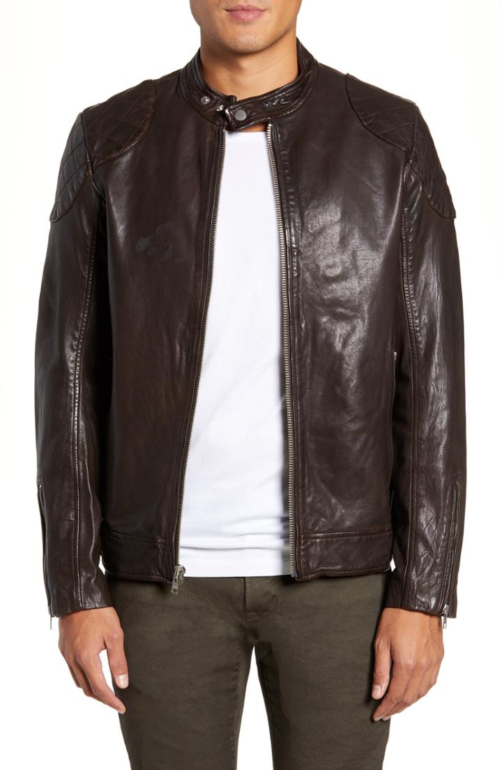 Men's Lamarque Stitch Detail Leather Racer Jacket - Brown