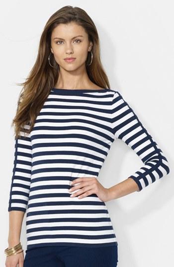 Lauren Ralph Lauren Stripe Three-quarter Sleeve Boatneck Top White/ Capri Navy