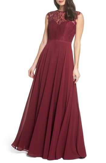 Women's Hayley Paige Occasions Lace & Chiffon Gown - Burgundy