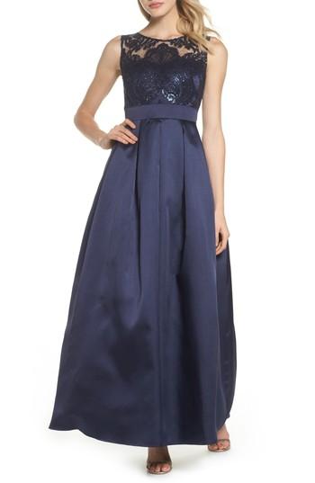 Women's Eliza J Sequin Embellished Illusion Neck Gown - Blue