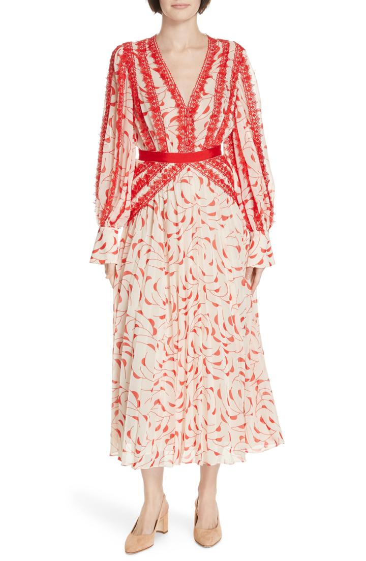 Women's Self-portrait Crescent Print Chiffon Midi Dress - Ivory