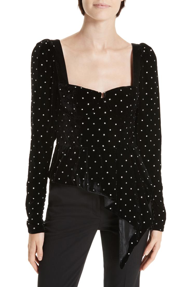 Women's Self-portrait Asymmetrical Velvet Diamante Top - Black