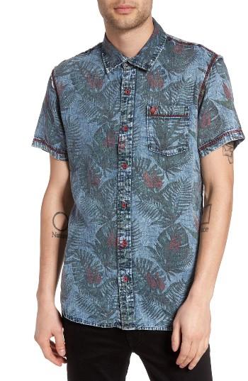 Men's True Religion Brand Jeans Floral Print Denim Shirt - Blue
